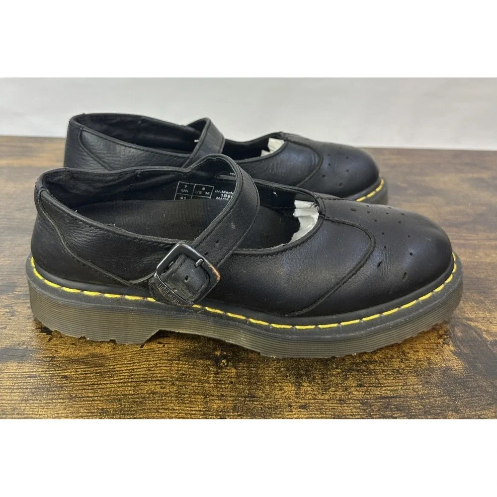 Dr. Martens Black Leather Mary Jane Flats Buckle T-Strap US Size 9 Goth Punk Y2k - Picture 2 of 14
